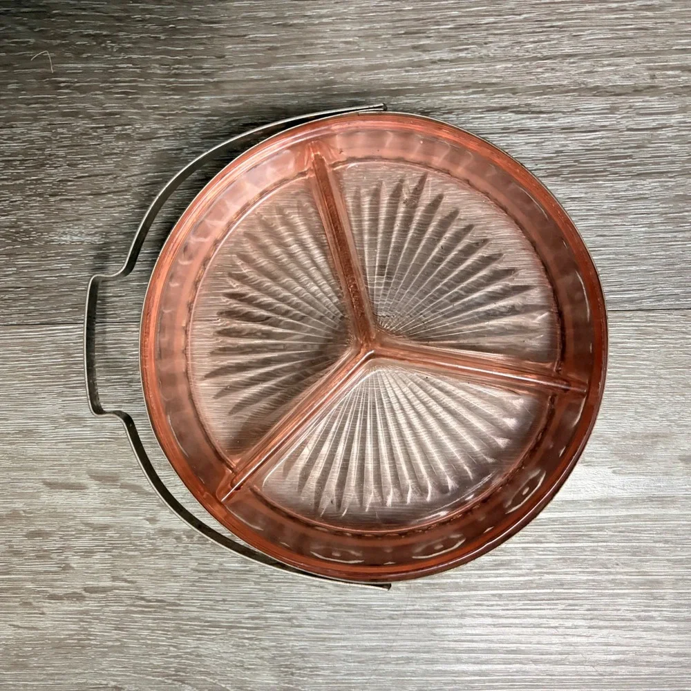 Vintage Pink Depression Glass 3 Part Divided Relish Dish Metal Carrier Handle